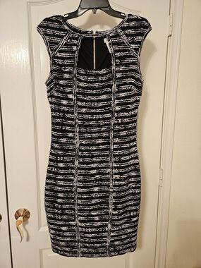 Cache Black and White Striped Cap Sleeve Sheath Dress